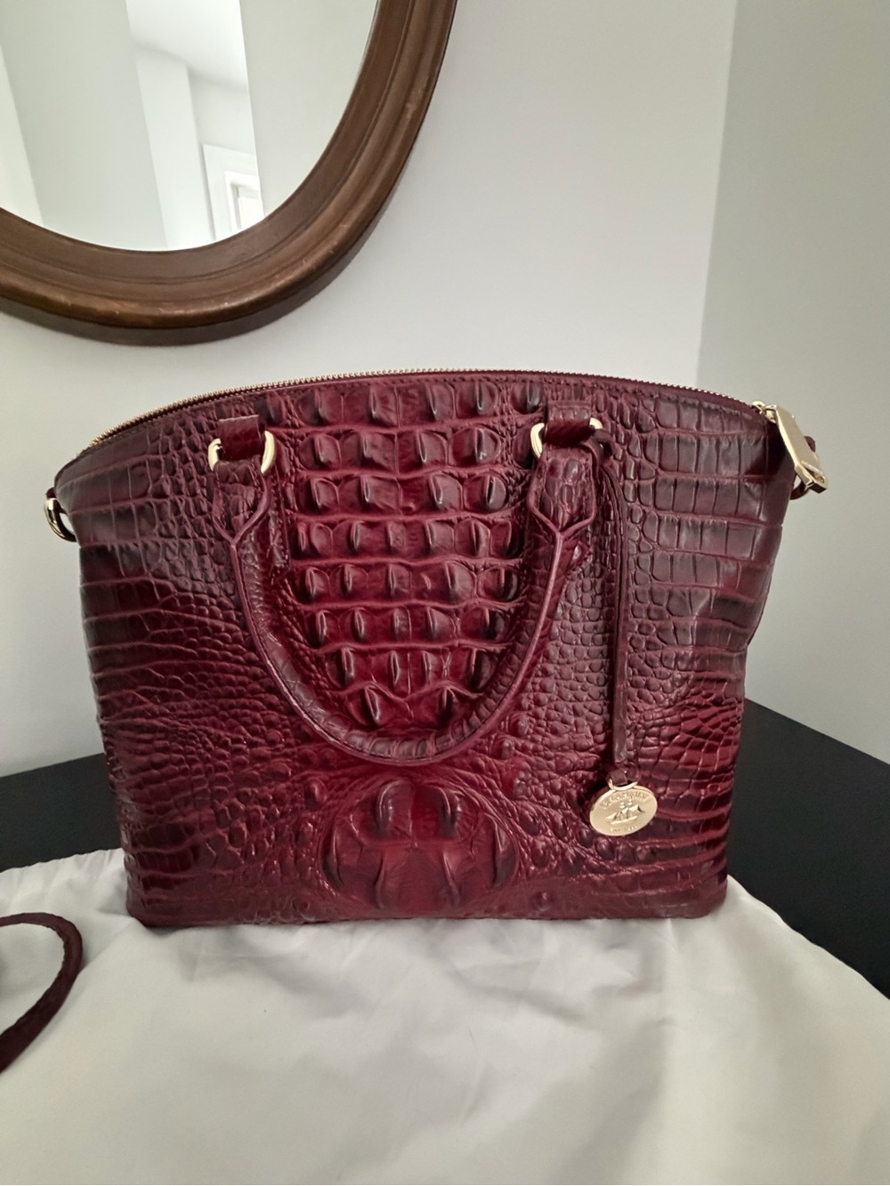 Brahmin Bordeaux Croc-Embossed Leather Satchel with Gold Hardware
